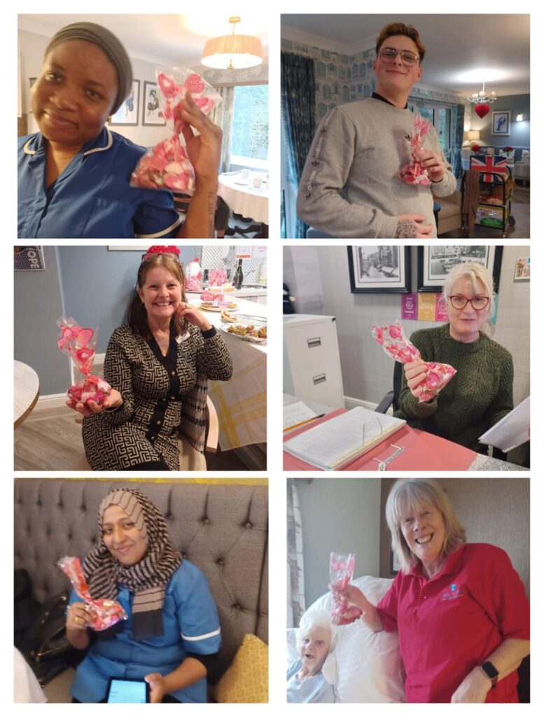 A collage of residents and staff with sweet bags